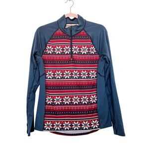 LL Bean Holiday Print Base Layer Long Sleeve Top Red Blue Womens‎ Size Medium